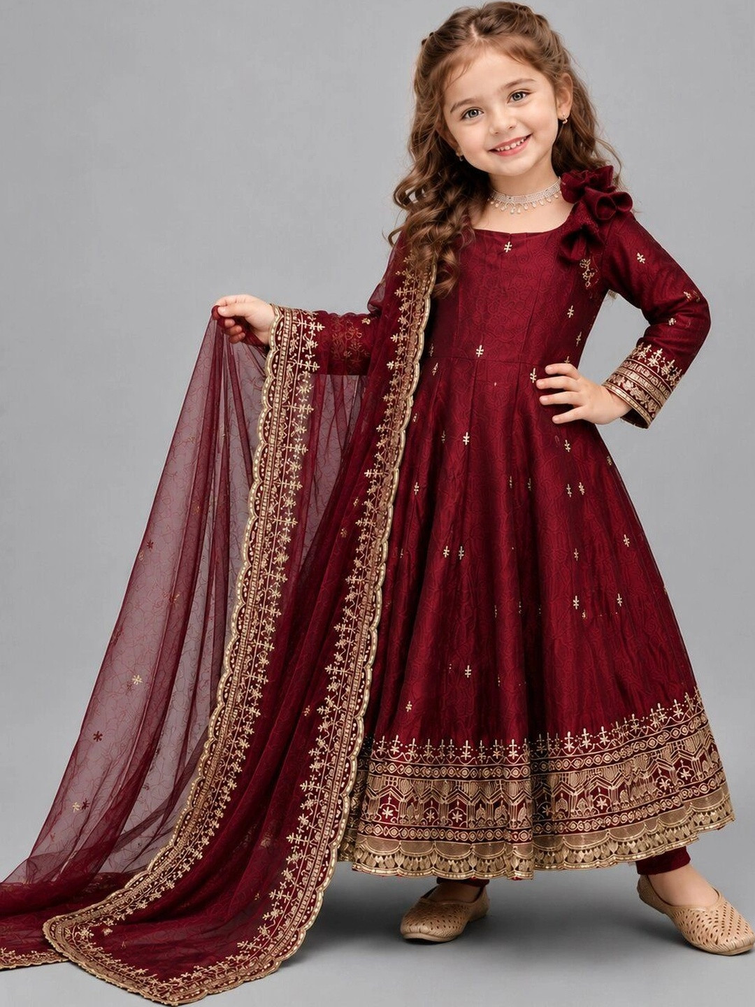 Sangria Ethnic Motifs Embroidered A-Line Maxi Dress