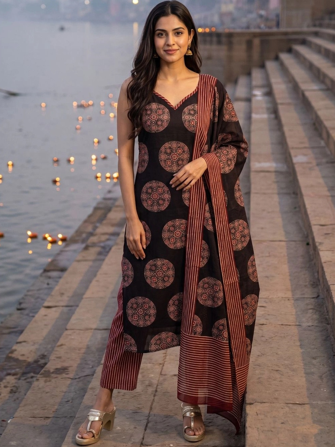 BrownEra Women Ethnic Motifs Printed Regular Pure Cotton Kurta with Trousers & With Dupatta