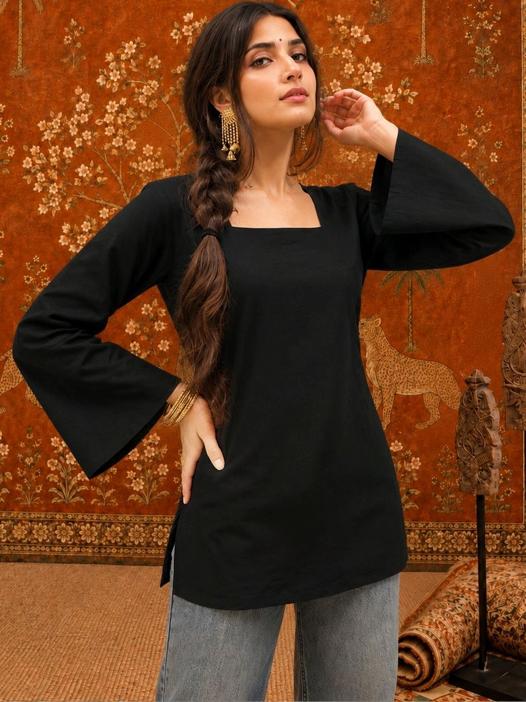 KALAMIR Flared Sleeve Cotton Blend Top