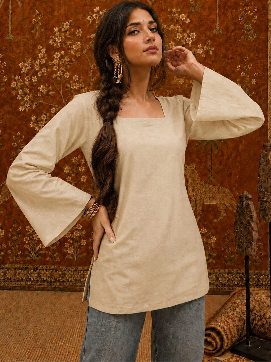 KALAMIR Women Bell Sleeve Cotton Blend Top