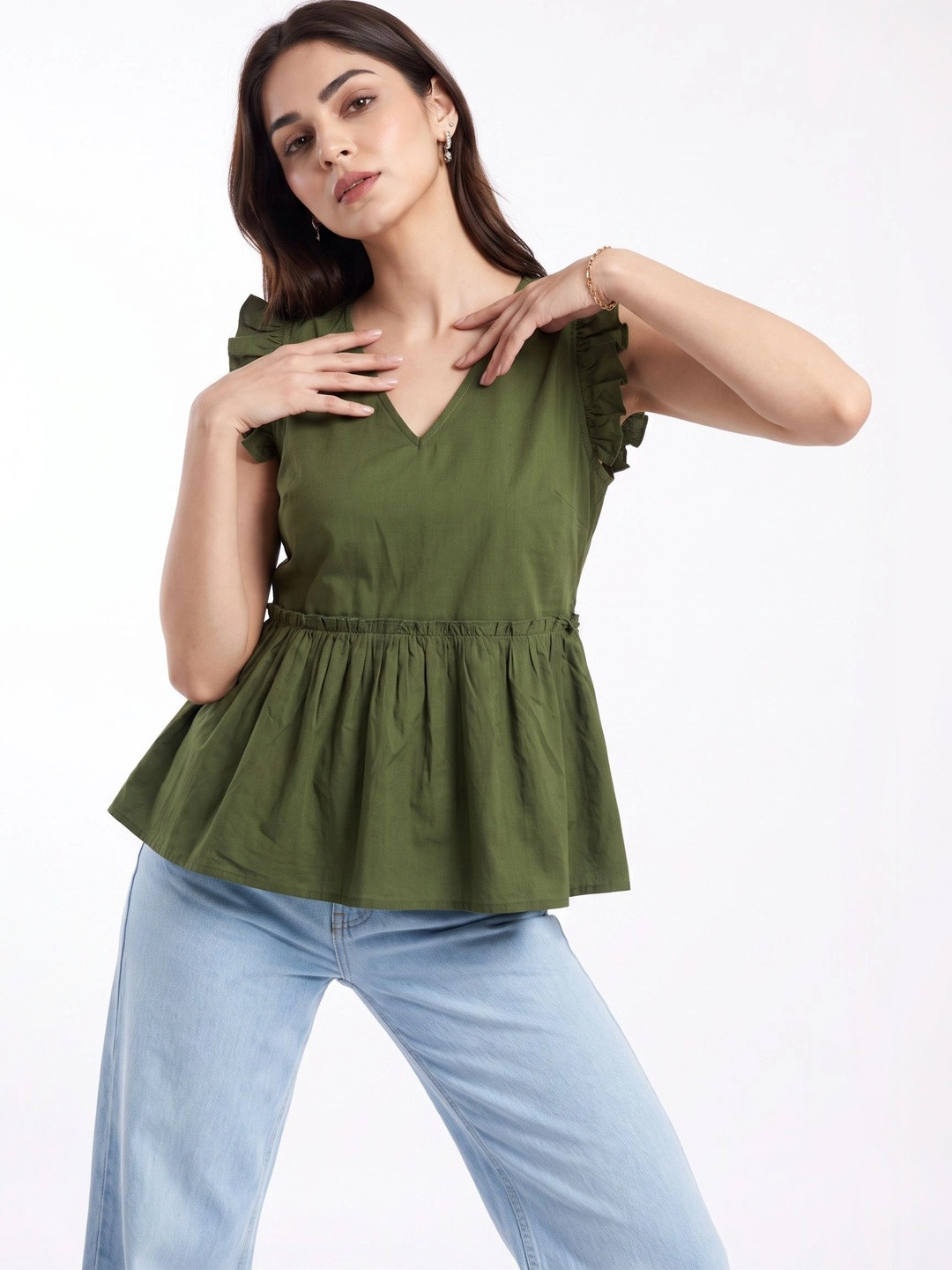 ZNKL Flutter Sleeve Cotton Peplum Top