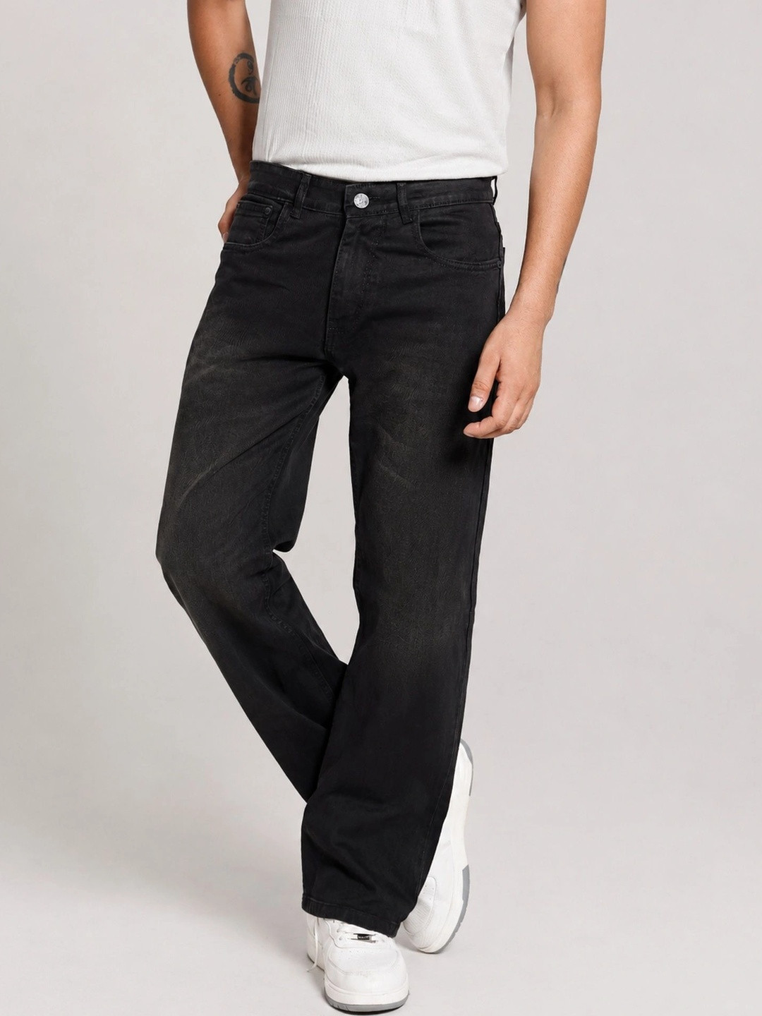 Denimora Men Straight Fit Black Mid-Rise Light Fade Stretchable Jeans