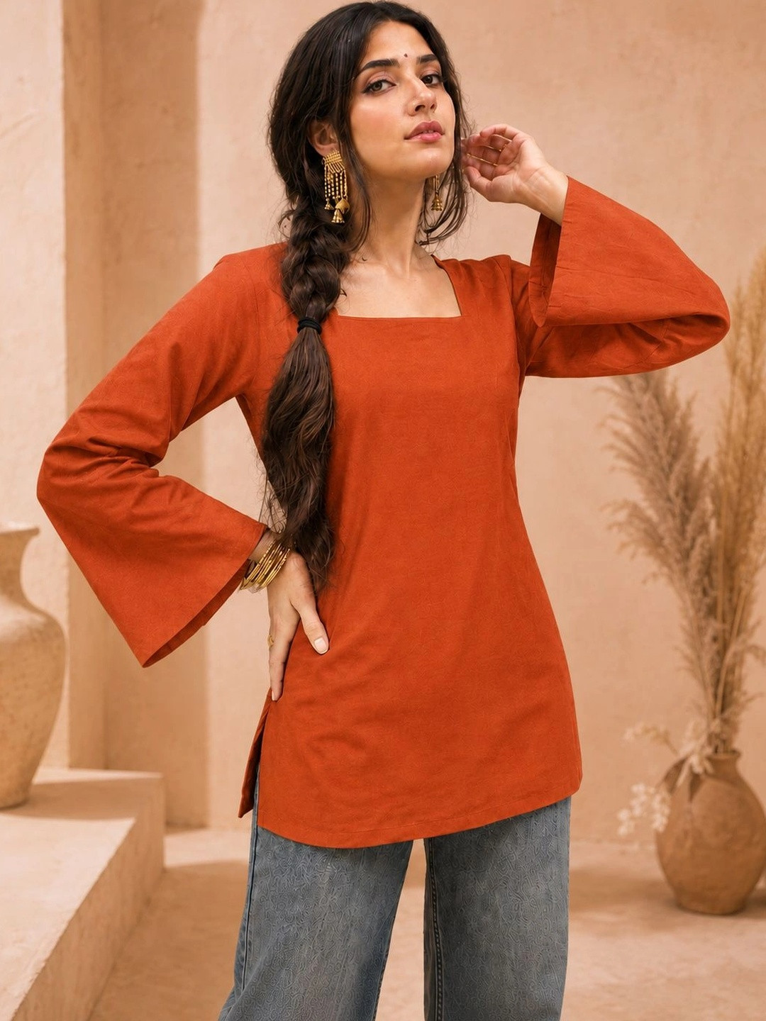 KALAMIR Flared Sleeve Cotton Blend Top