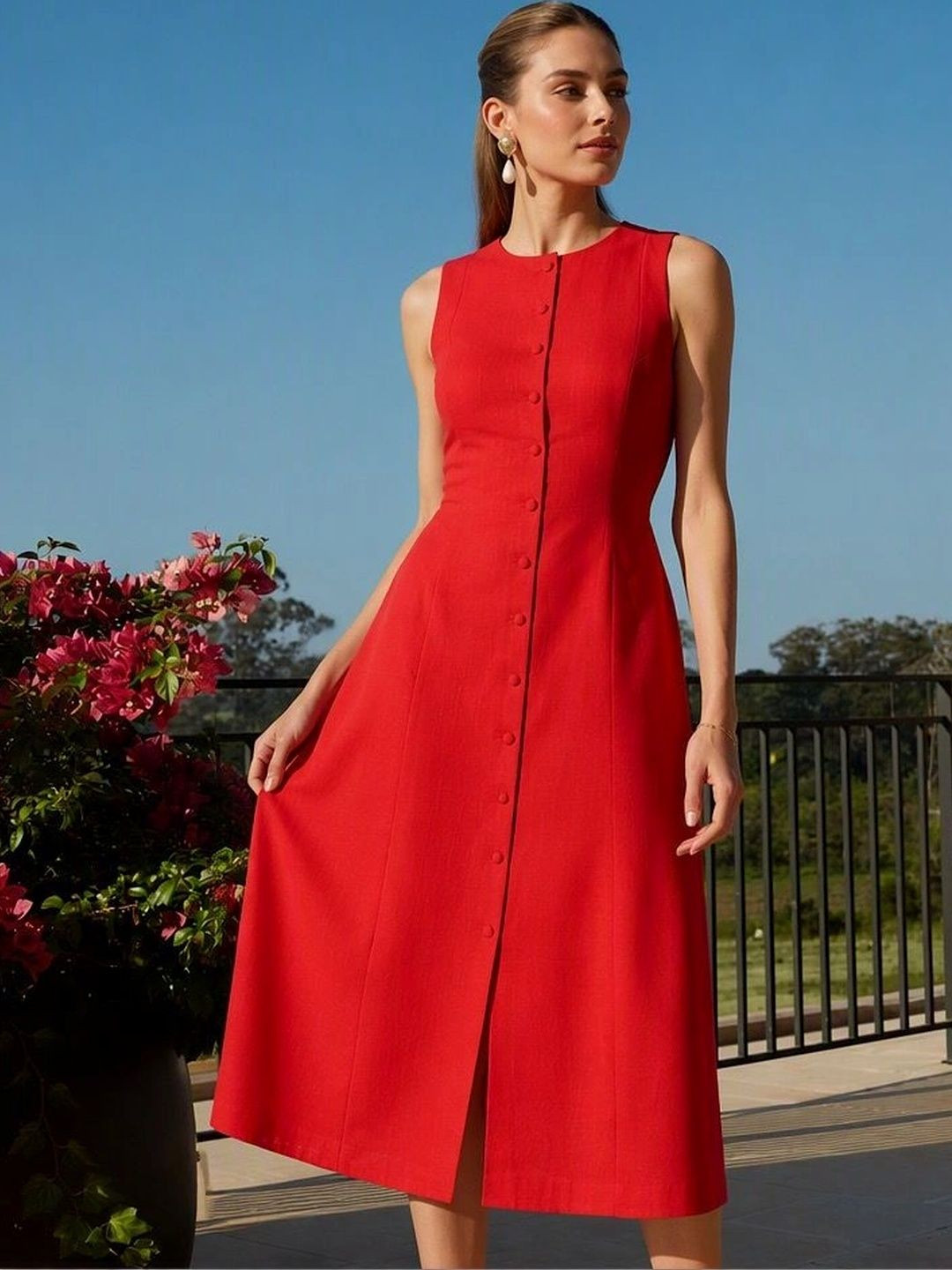 Virgio Solid Cotton Fit and Flare Sleeveless Midi Dress for Women