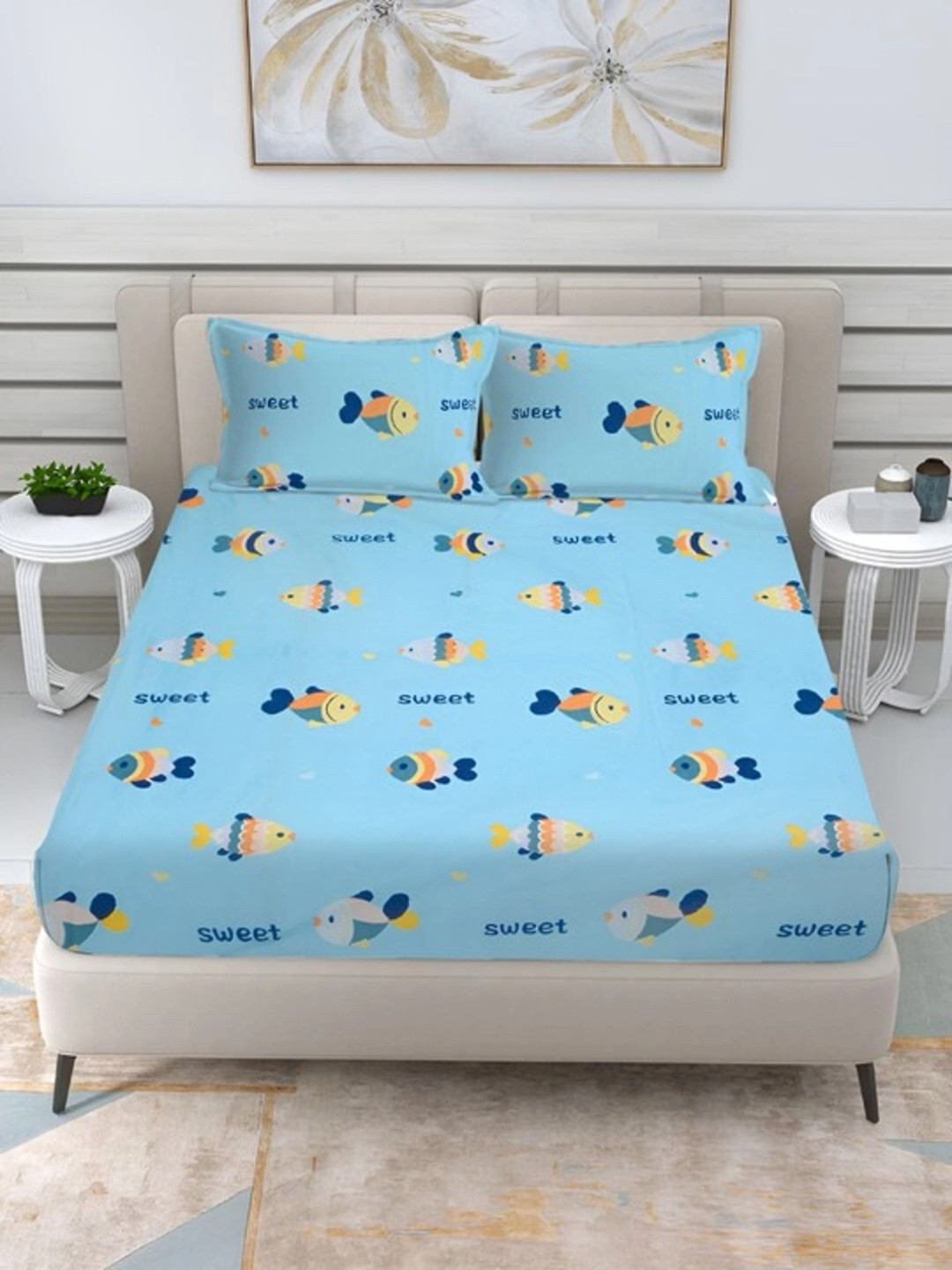 NeLeo Blue 210 TC King Bedsheet with 2 Pillow Covers