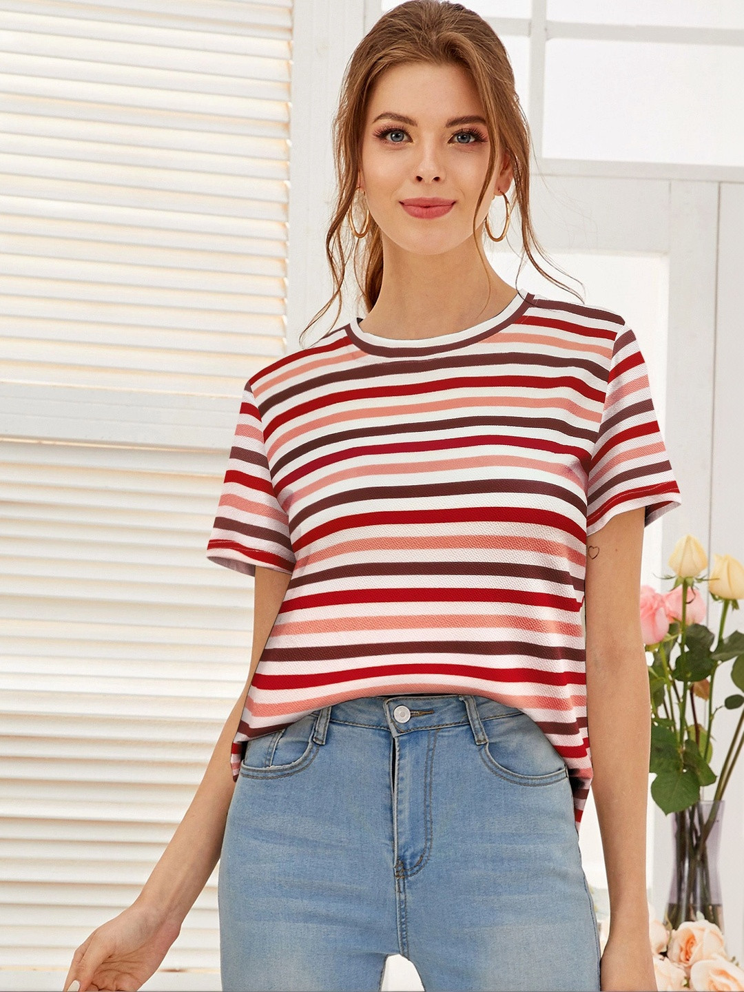 Striped Printed Short Sleeve Round Neck Top