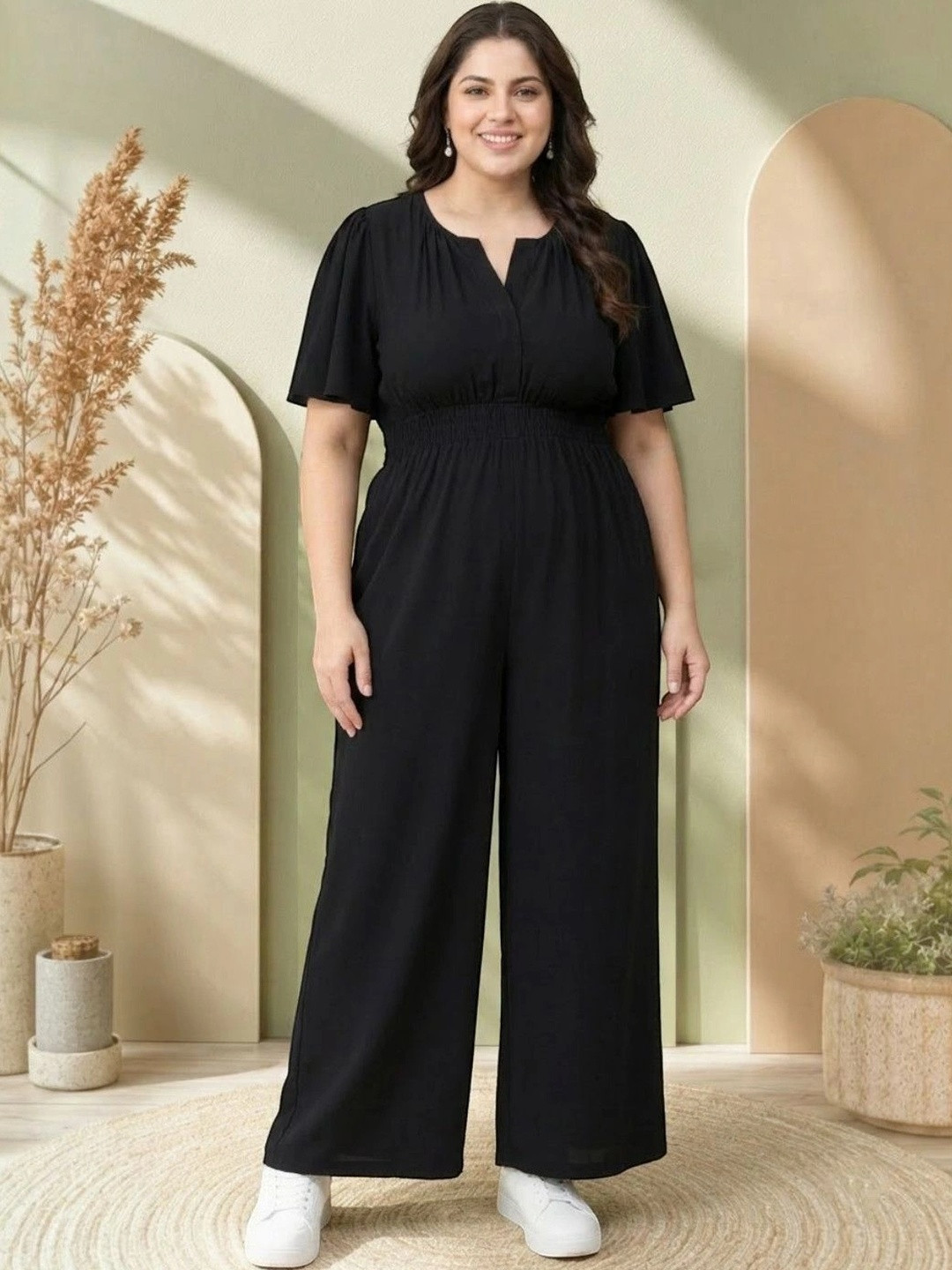 Oxolloxo Plus Size Notched Round Neck Basic Jumpsuit
