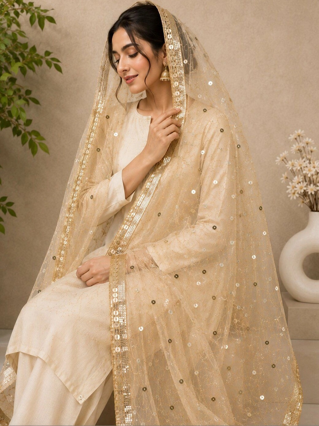 NOORFASHION Embroidered Dupatta with Sequinned