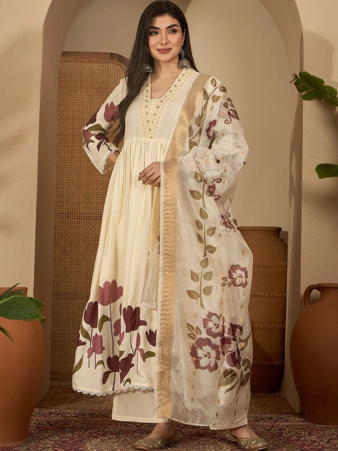 Stylum Women Floral Printed Empire Thread Work Kurta with Palazzos & With Dupatta