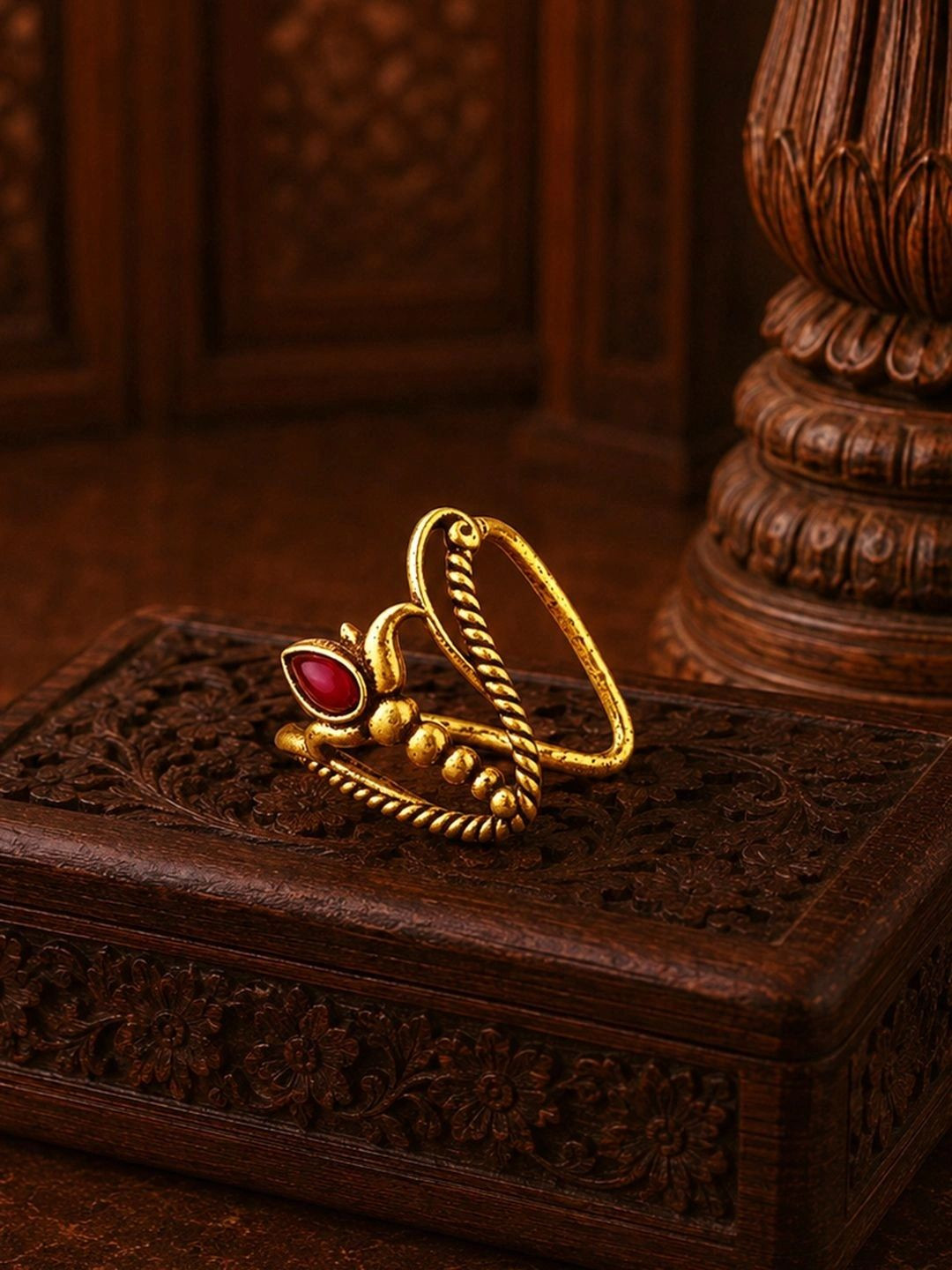 Voylla Women Gold-Plated Temple Cubic Zirconia Finger Ring