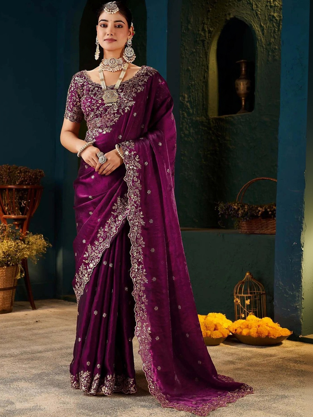 Sangria Floral Embroidered Organza Leheriya Saree