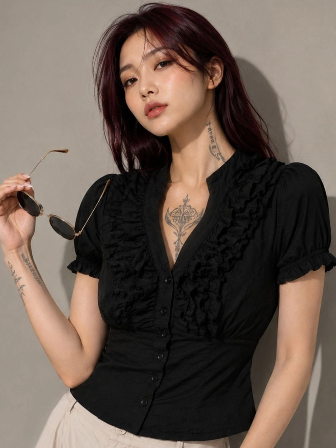 MINTBLU Puff Sleeve Ruffles Cotton Top