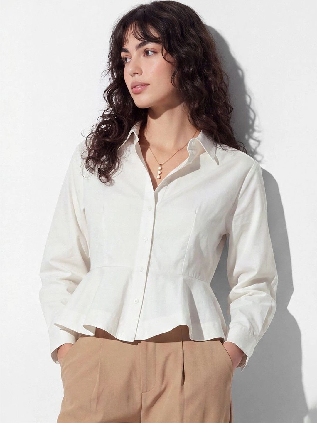max Women Cotton Shirt Collar Peplum Top