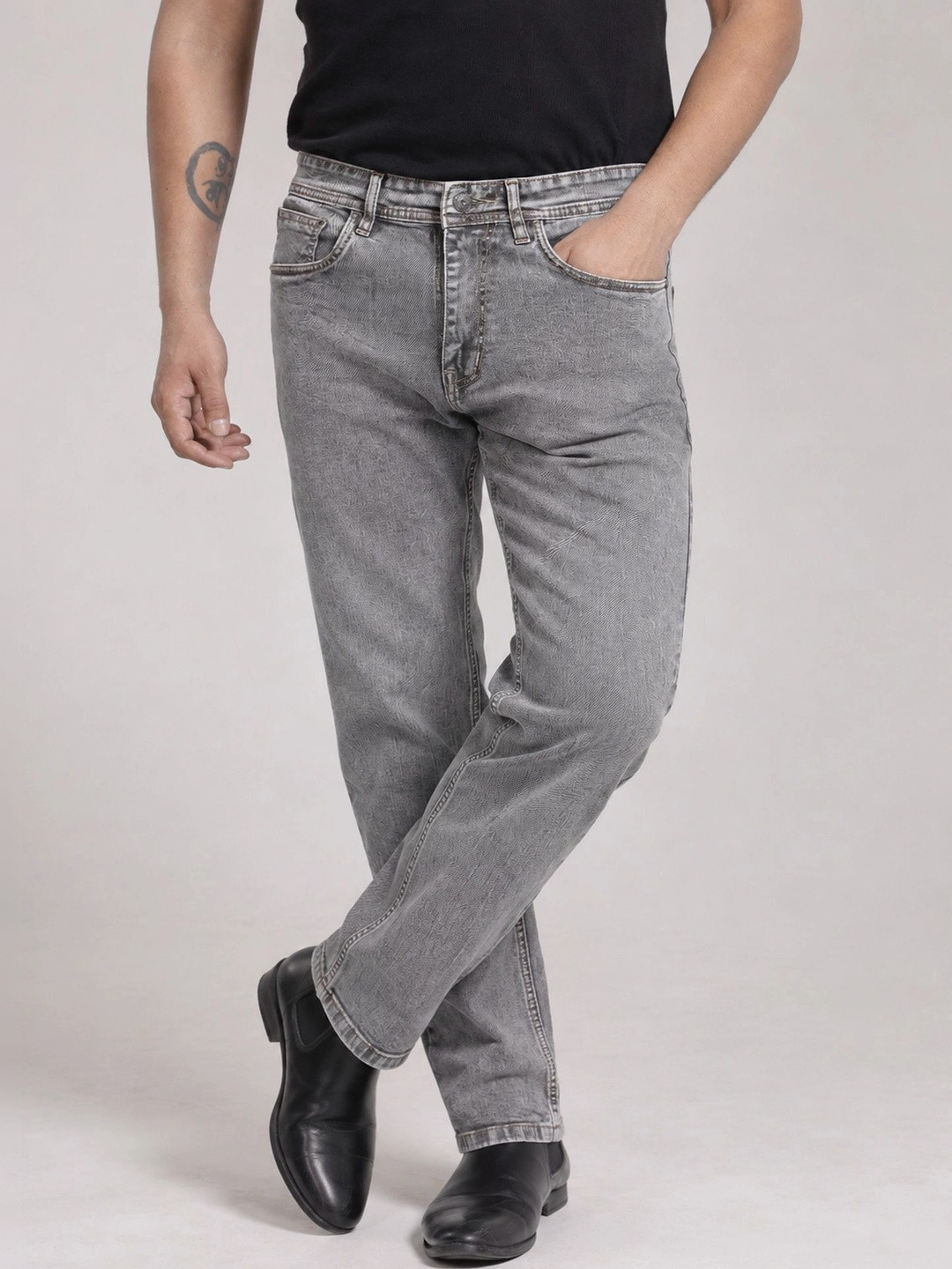Denimora Men Straight Fit Mid-Rise Light Fade Stretchable Jeans