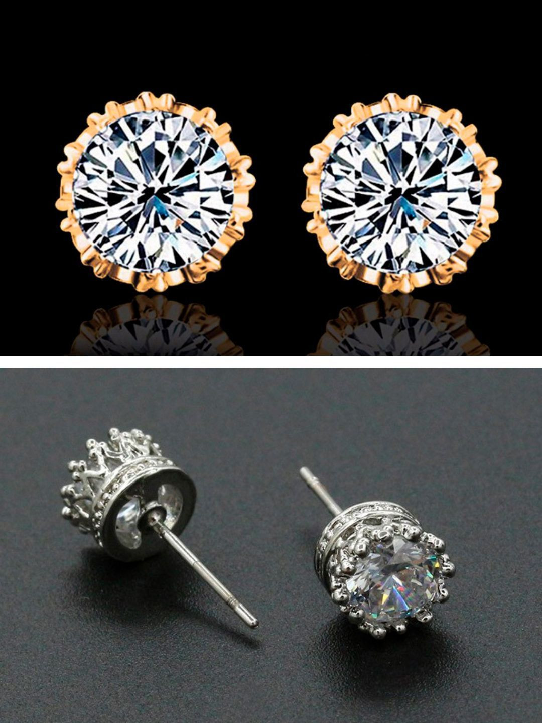 OOMPH Set of 2 Silver & Gold Crown Cubic Zirconia Anti Tarnish Stud Earrings