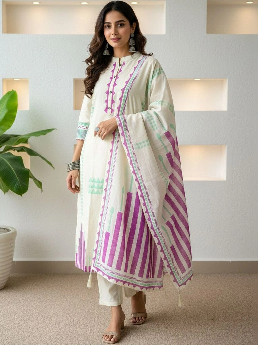 Anouk Women Printed Regular Pure Cotton Kurta with Trousers & With Dupatta