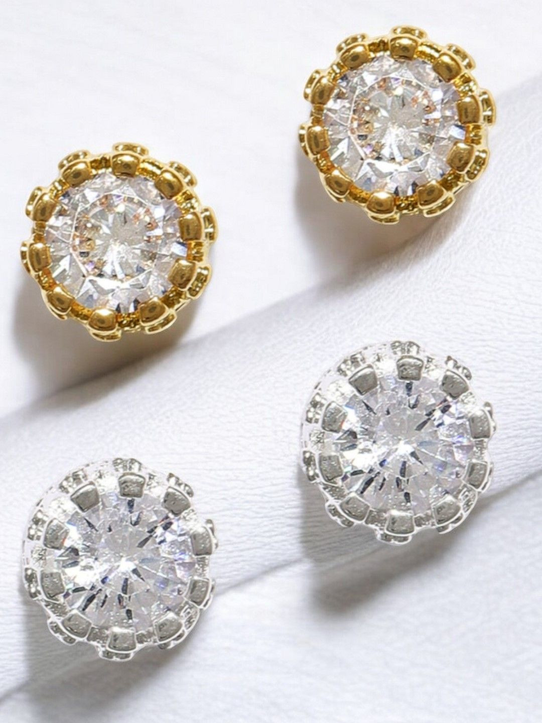 fabula Set of 2 Crown Cubic Zirconia Small Anti Tarnish Ear Stud Earrings For Men