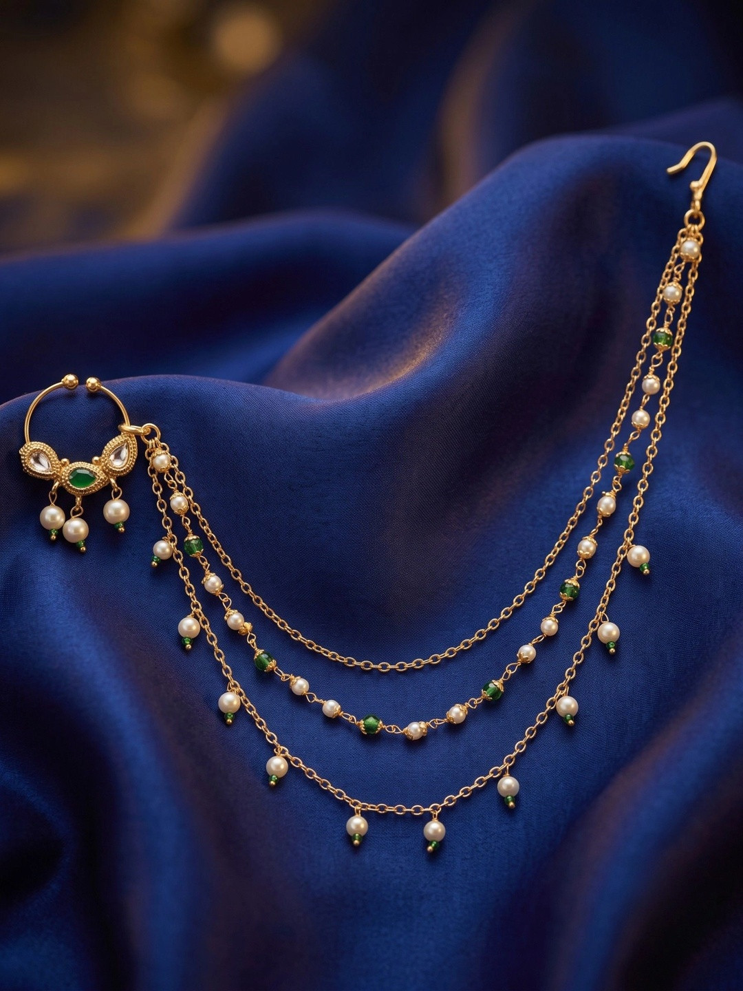 Adwitiya Collection Gold-Plated Green Stone-Studded & Beaded Chained Nose Ring