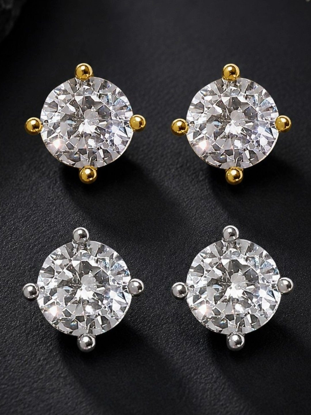 OOMPH Set of 2 Anti Tarnish Silver & Gold Solitaire Cubic Zirconia Stud Earrings For Men