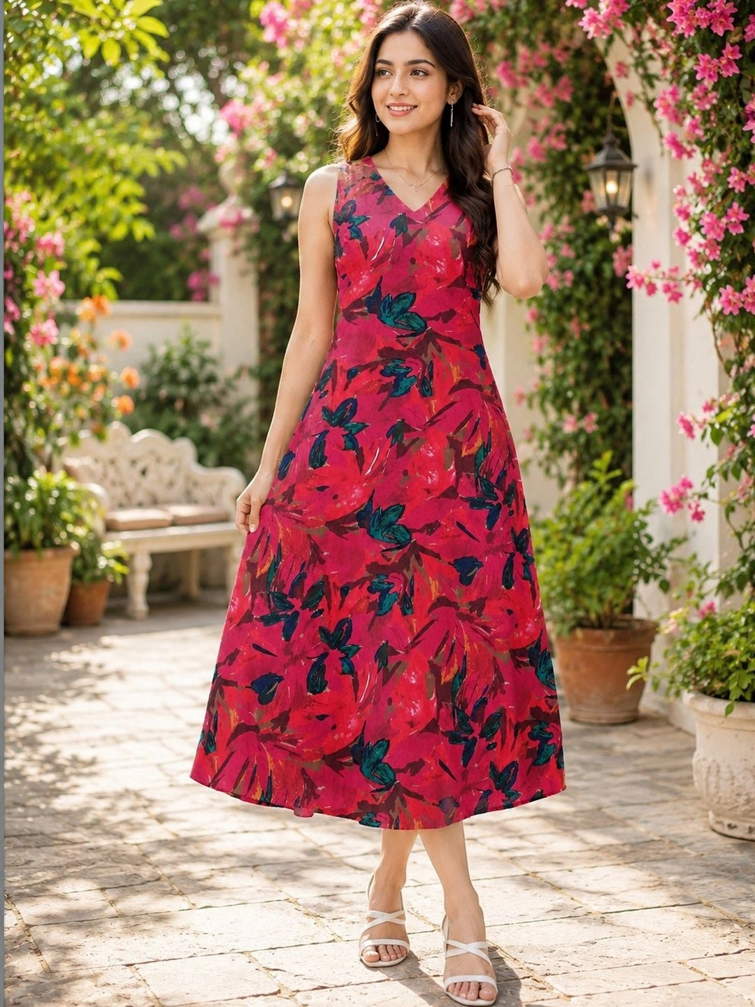 Moda Rapido Floral Print A-Line Midi Dress