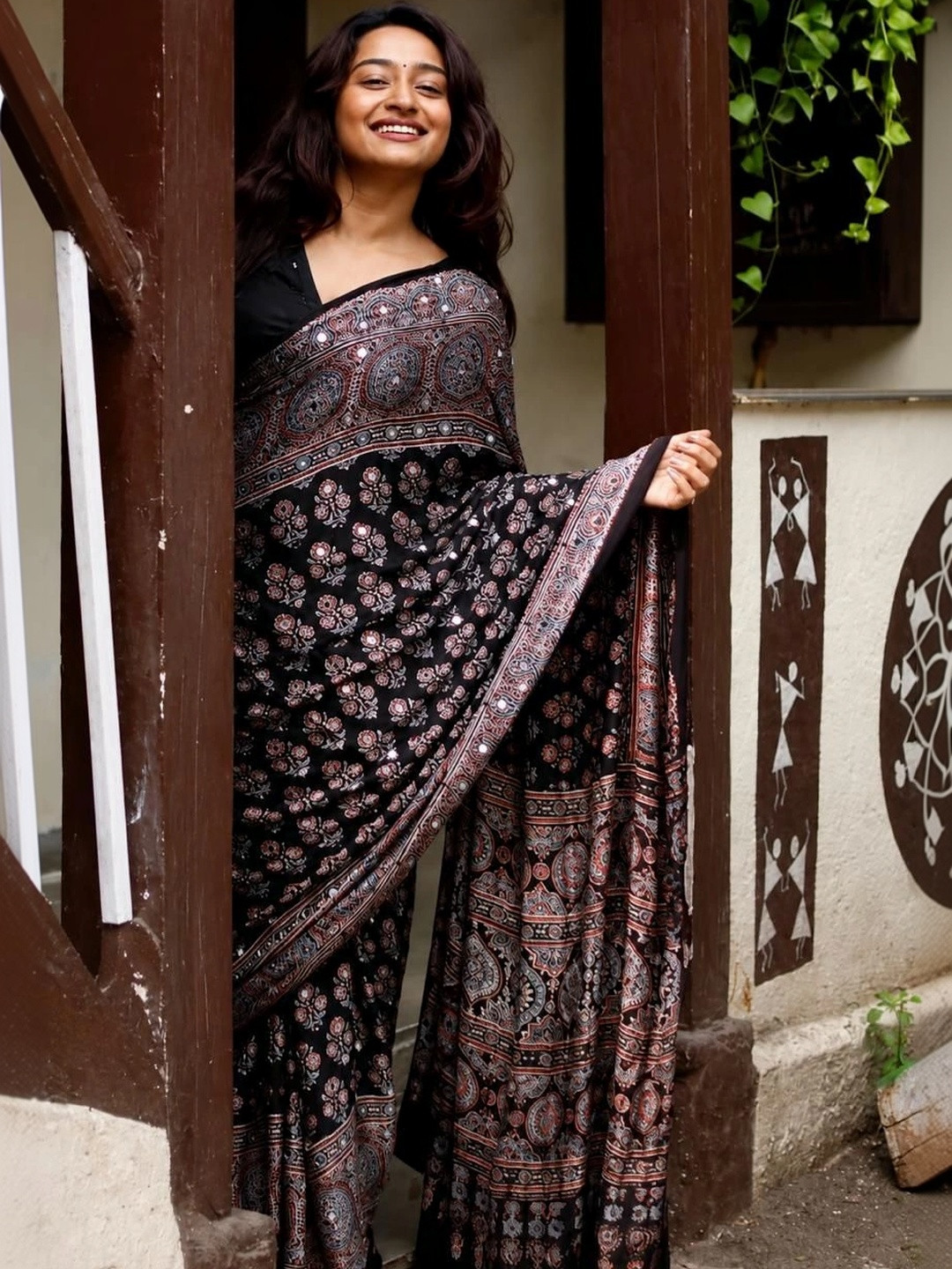 DJV Fashion Kalamkari Mirror Work Ikat Saree