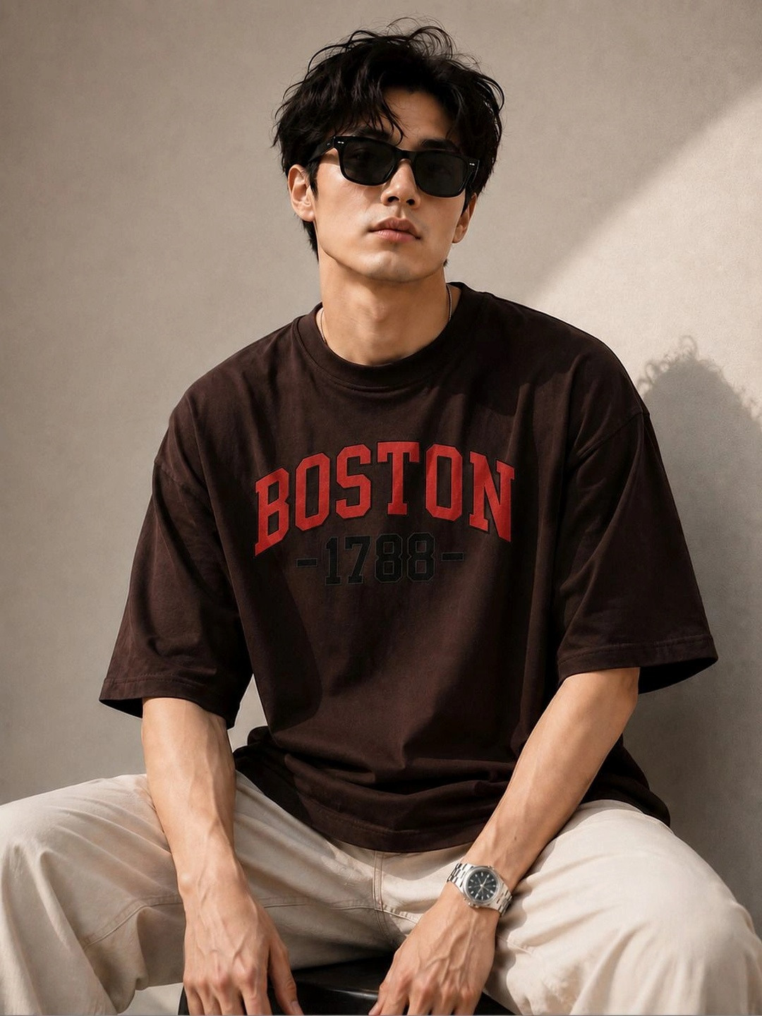 Men's Oversized Typography T-shirt with Drop-Shoulder Sleeves