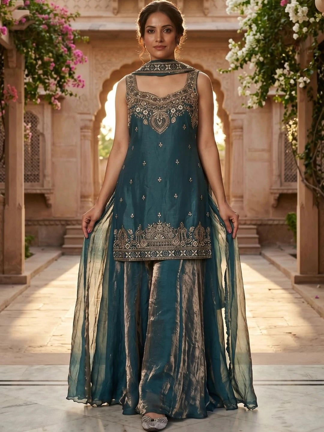 AKSHARAM Women Ethnic Motifs Embroidered Regular Kurta with Sharara & With Dupatta