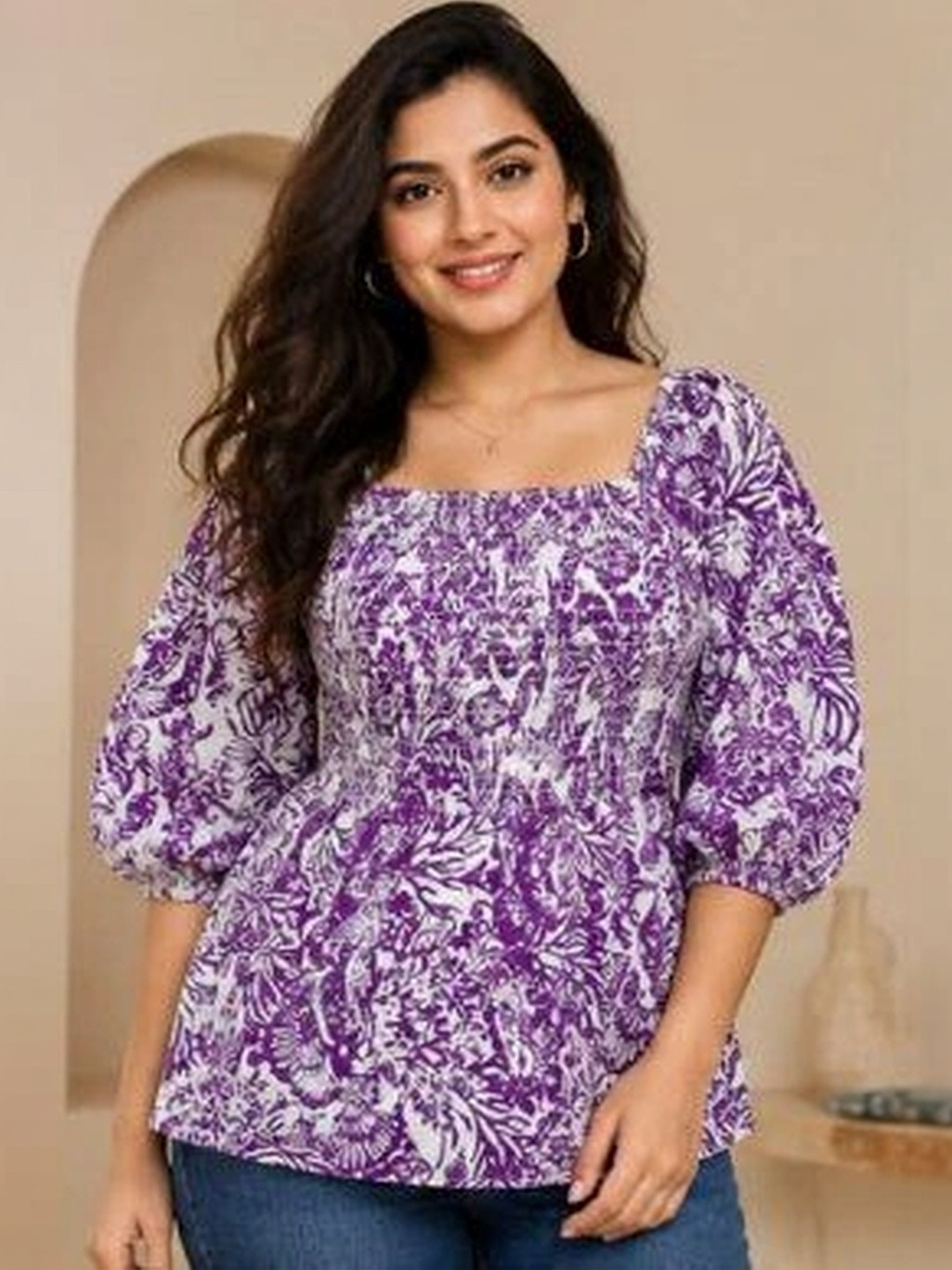RANGRIWAZ Floral Print Puff Sleeve Cotton Top