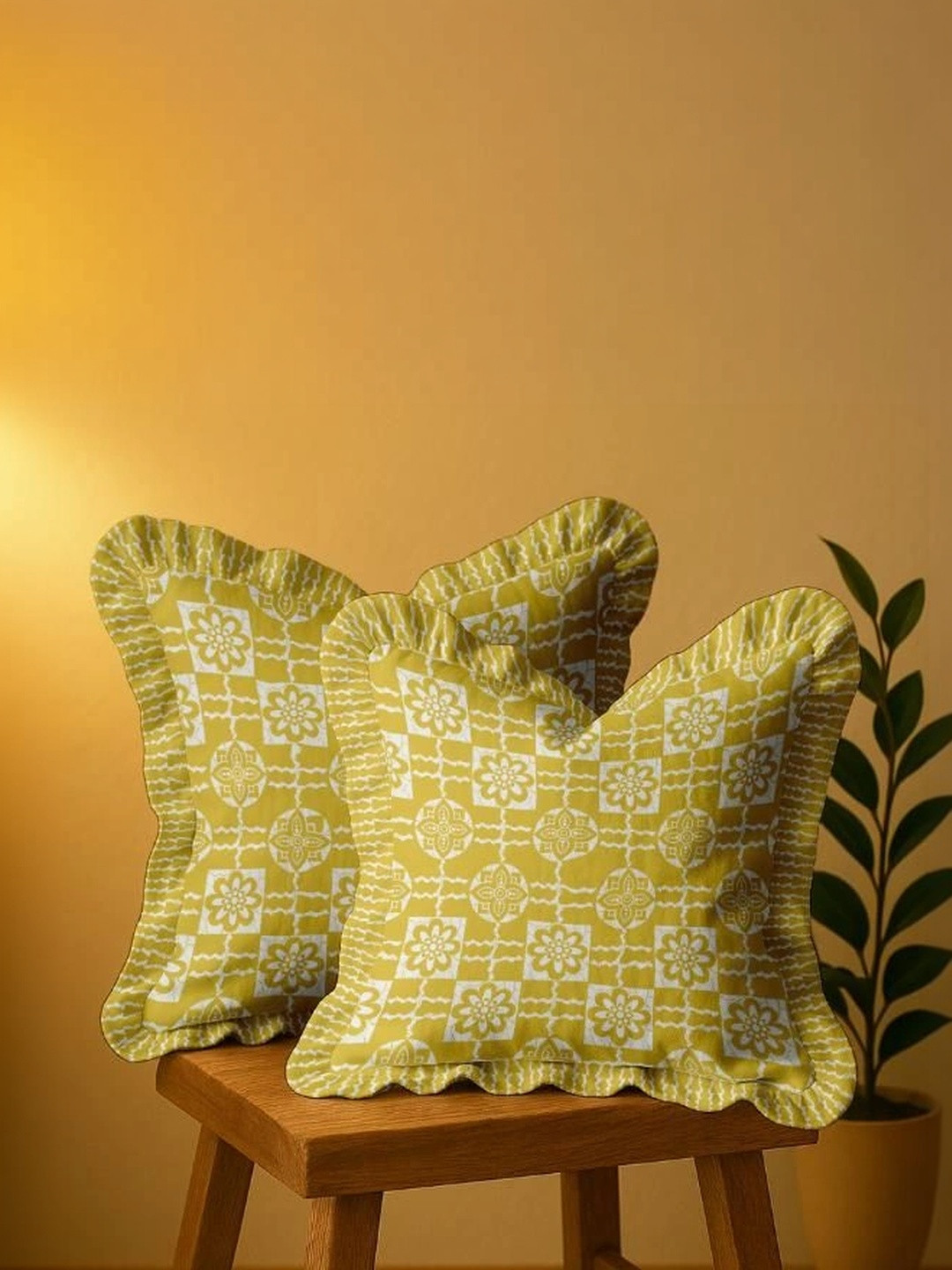 Vargottam Yellow Set of 2 Floral Square Cushion Covers