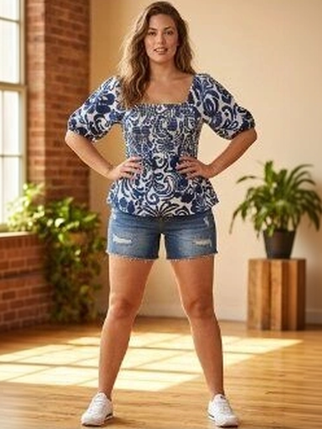 RANGRIWAZ Print Puff Sleeve Cotton Peplum Top