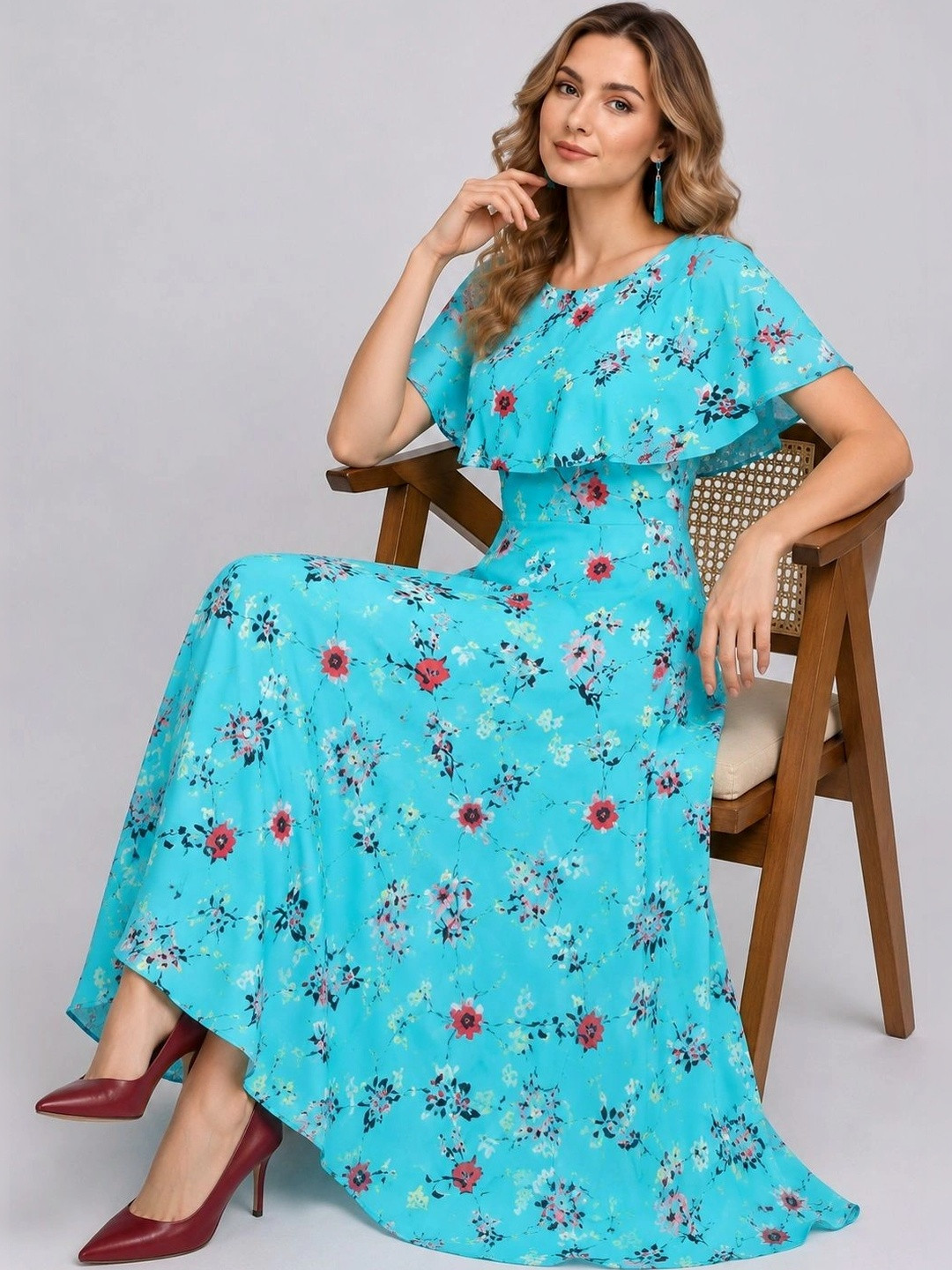 KASHIANXSTYLE Floral Print Flutter Sleeve Ruffled Crepe Maxi Dress
