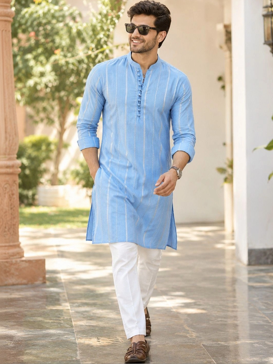 See Designs Mandarin Collar Striped Embroidered Sequinned Chanderi Silk Straight Kurta
