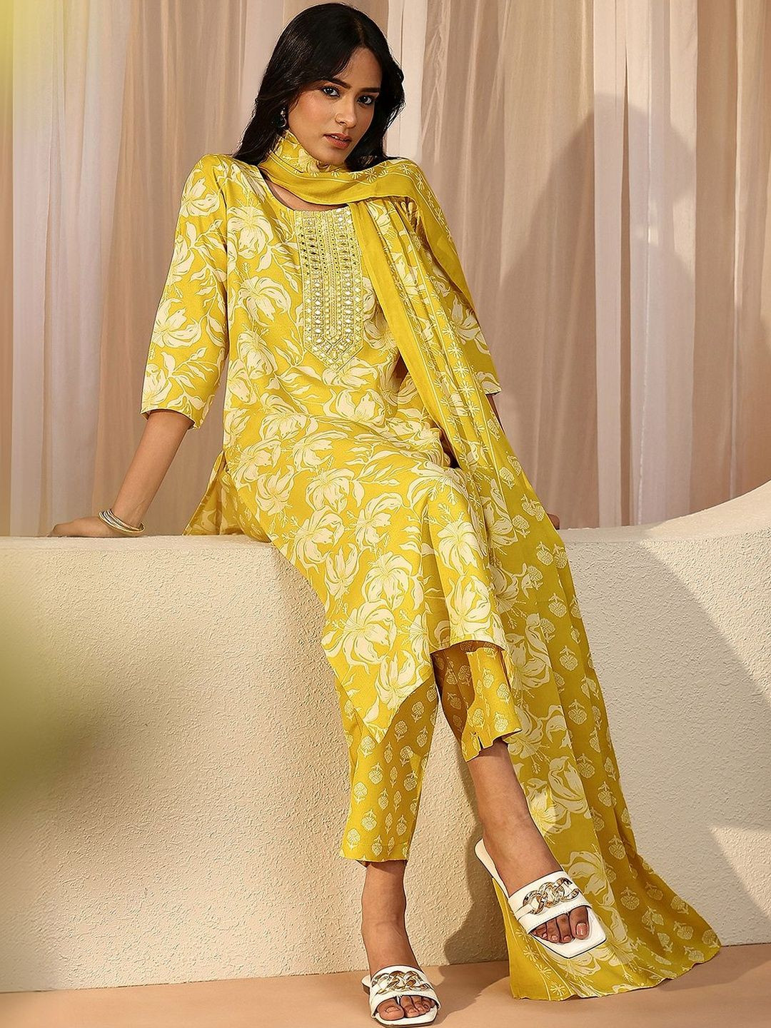 Gerua By Libas Lime Yellow Floral Printed Cotton Straight Suit Set