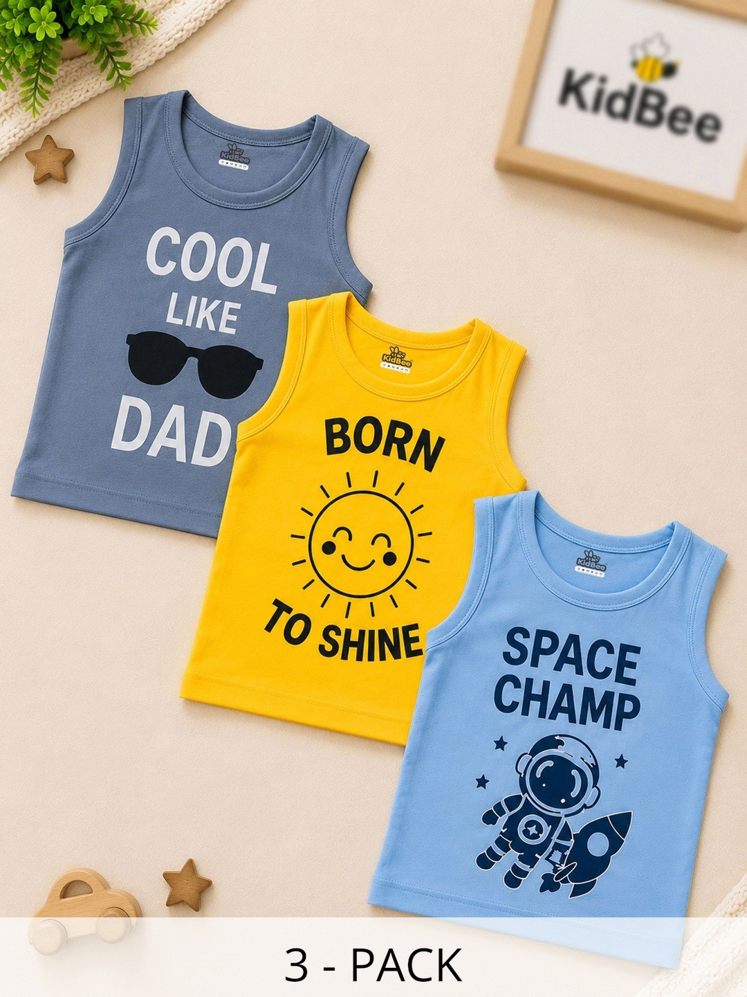 KidBee Boys Pack Of 3 Printed Cotton Round Neck Innerwear Vests
