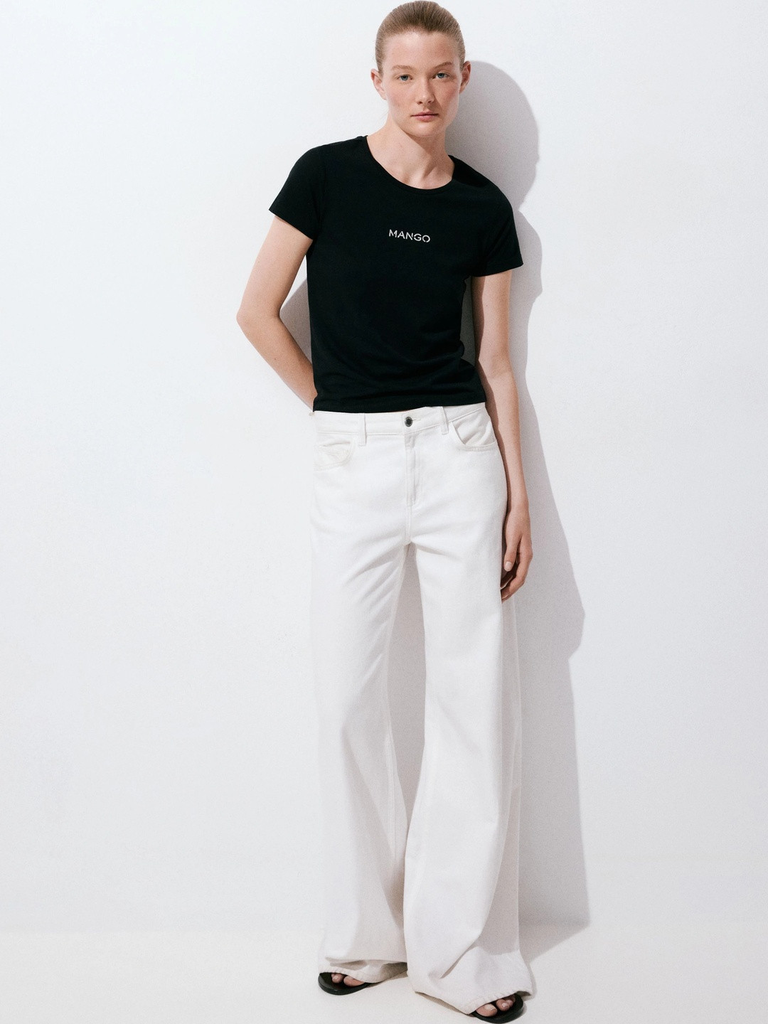 MANGO Women Round Neck Cap Sleeve Brand Logo Printed T-shirt