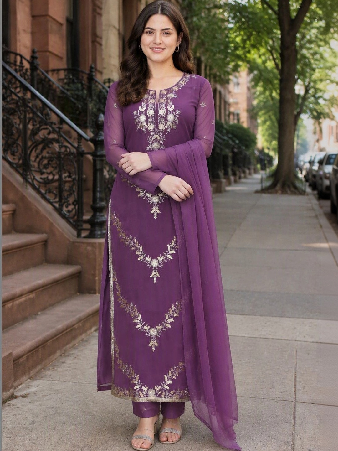all about you Women Ethnic Motifs Embroidered Straight Kurta with Trousers & Dupatta