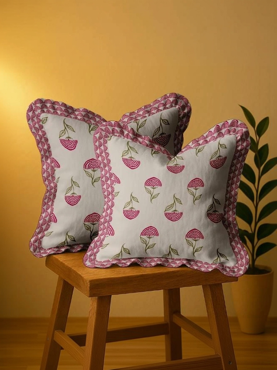 Vargottam Beige Set of 2 Floral Square Cushion Covers