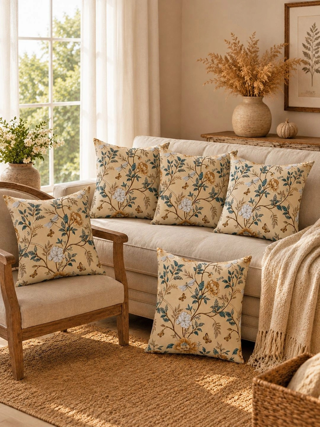 Clasiko Beige & Teal Set of 5 Floral Square Cushion Covers