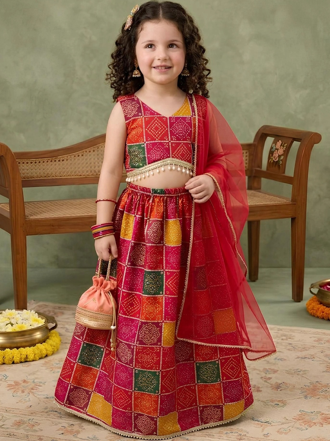 Sangria Girls Printed Beads and Stones Ready to Wear Lehenga &