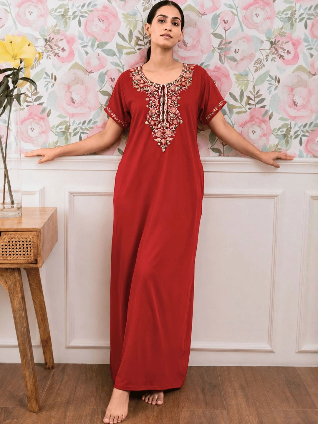 9shines Label Ethnic Motifs Embroidered Maxi Nightdress