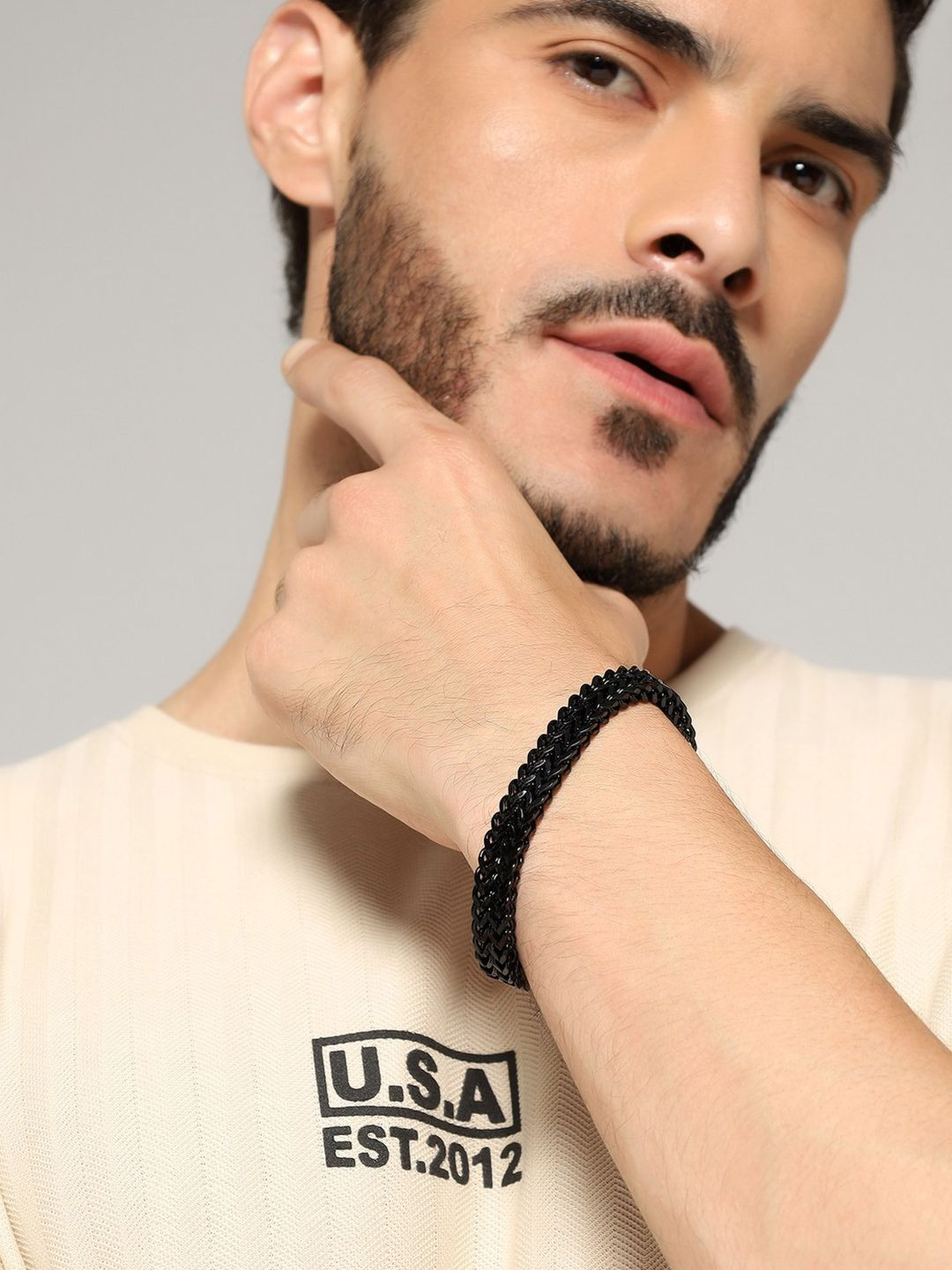 Jewelor Men Stainless Steel Black Two-Layered Link Chain Bracelet