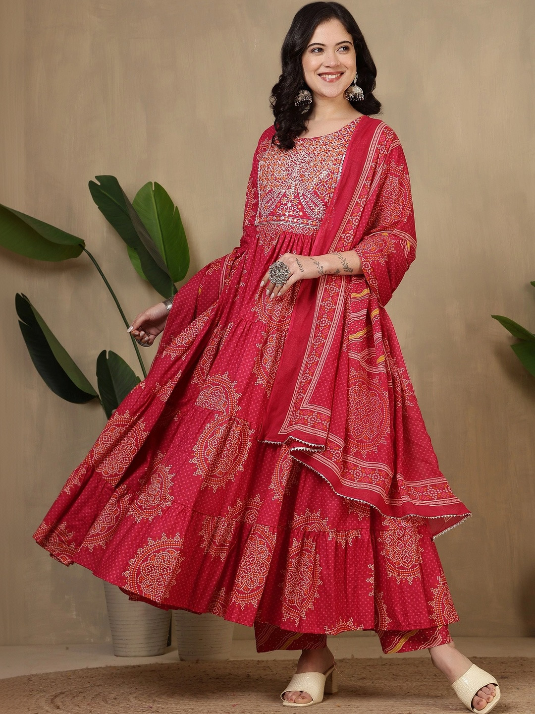 Sangria Women Ethnic Motifs Printed Tiered Thread Work Pure Cotton Kurta with Trousers & With Dupatta
