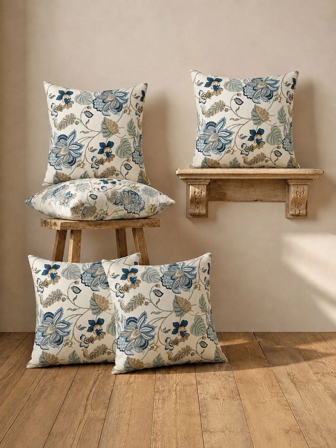 Aura Cream-Coloured & Blue Set of 5 Floral Square Cushion Covers
