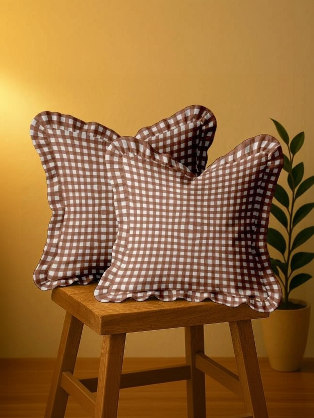 Vargottam Brown Set of 2 Checked Square Cushion Covers