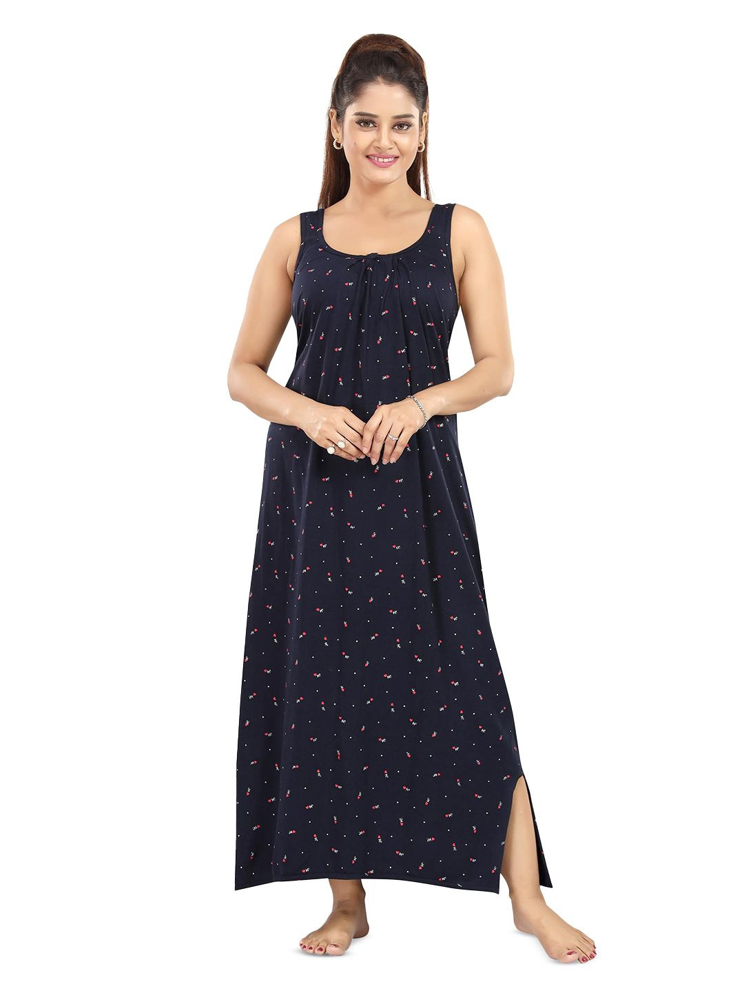 NIGHTY KING Typography Printed Round Neck Pure Cotton Maxi Nightdress