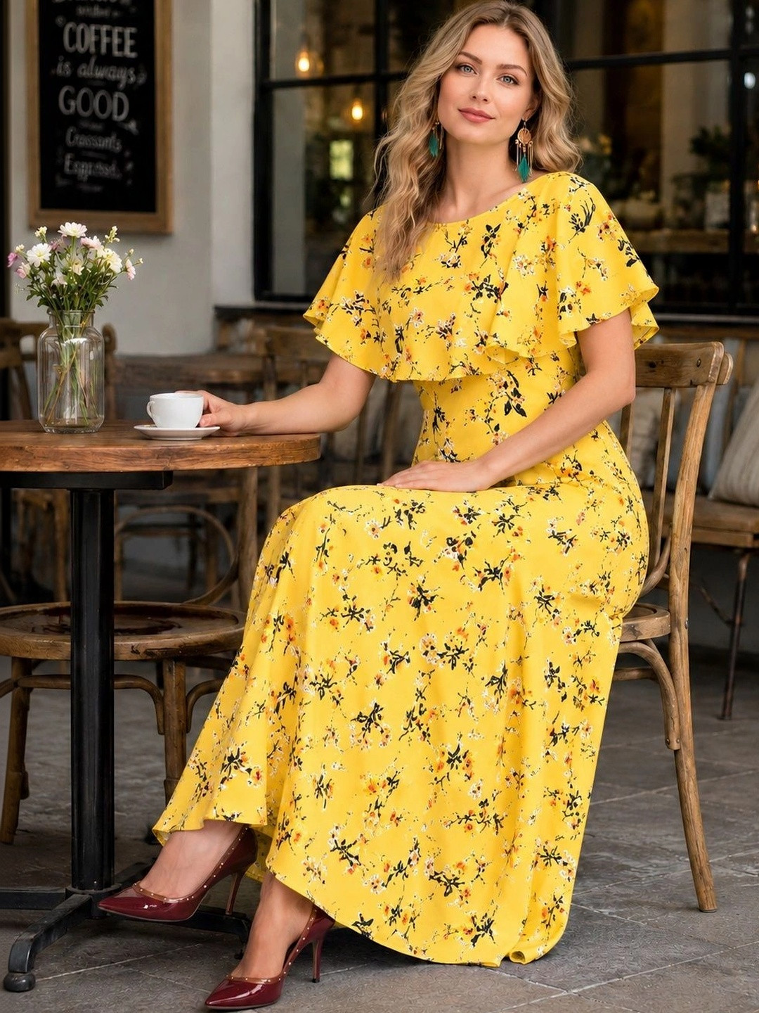 KASHIANXSTYLE Floral Print Flutter Sleeve Ruffled Crepe A-Line Maxi Dress