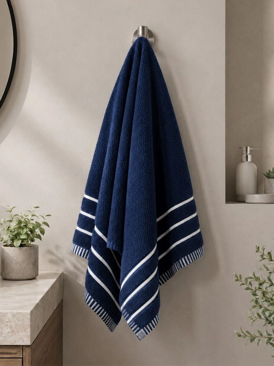 QUARCK Navy Blue 1 Striped Cotton 480 GSM Bath Towel
