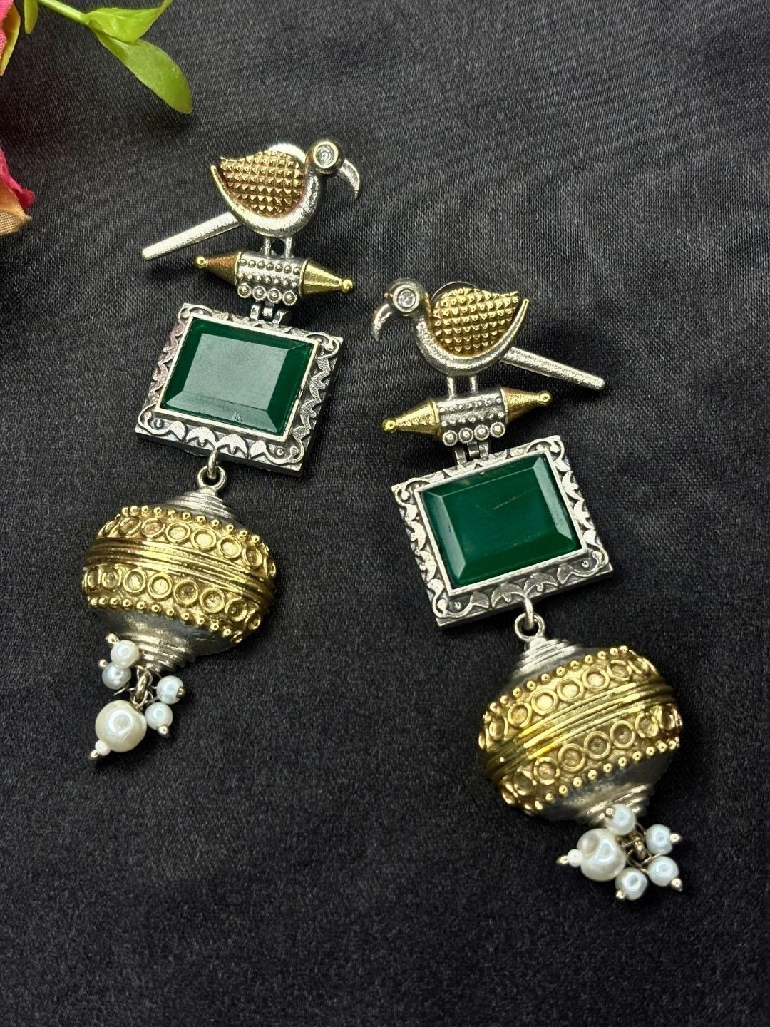 VIVAZS Silver & Gold Dual-Plated Oxidised Long Green Stone Contemporary Bird Jhumkas Earrings