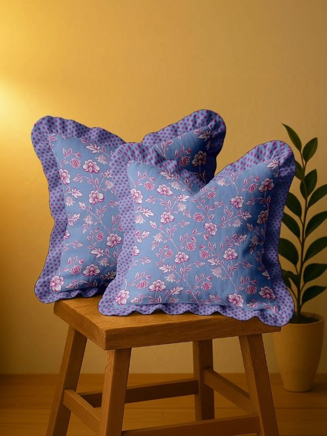 Vargottam Blue Set of 2 Floral Square Cushion Covers