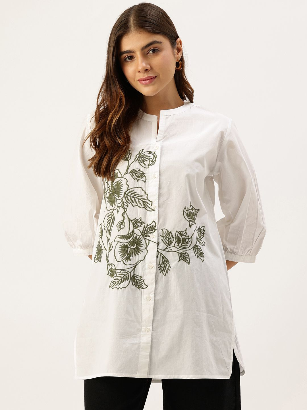 MISRI Floral Embroidered Mandarin Collar Shirt Style Longline Top